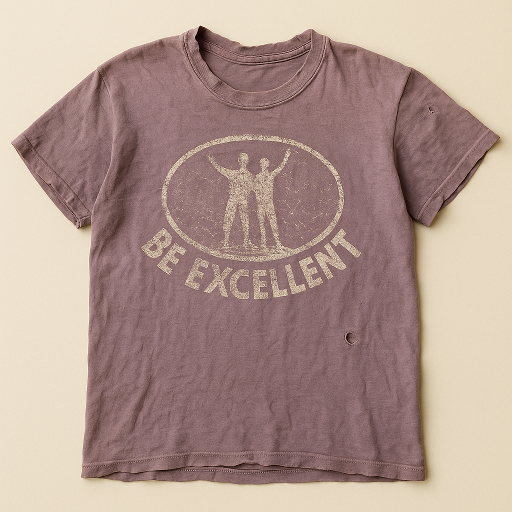 Faded violet t-shirt with an oval badge print reading BE EXCELLENT above two celebrating figures — flat lay