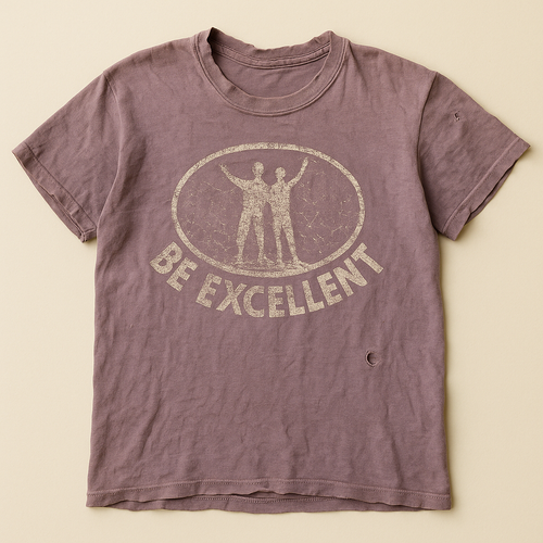Faded violet t-shirt with an oval badge print reading BE EXCELLENT above two celebrating figures — flat lay