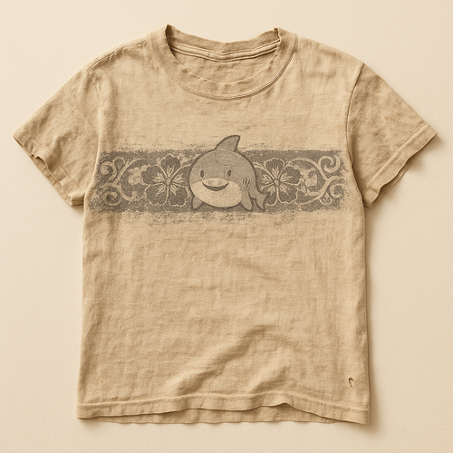Sand-coloured t-shirt with a floral band and cartoon shark across the chest — flat lay