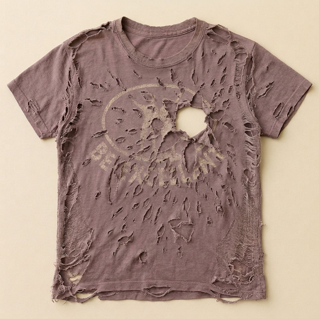 Violet t-shirt destroyed by a shotgun blast spreading across the chest, print mostly gone — flat lay