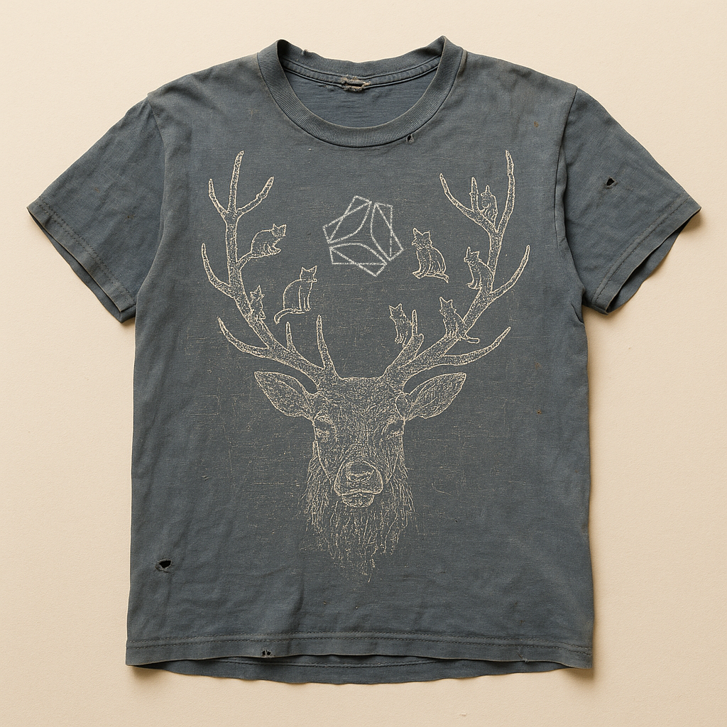 Slate blue-grey t-shirt with a line-drawn elk head, cats in its antlers and a small pinwheel emblem — flat lay