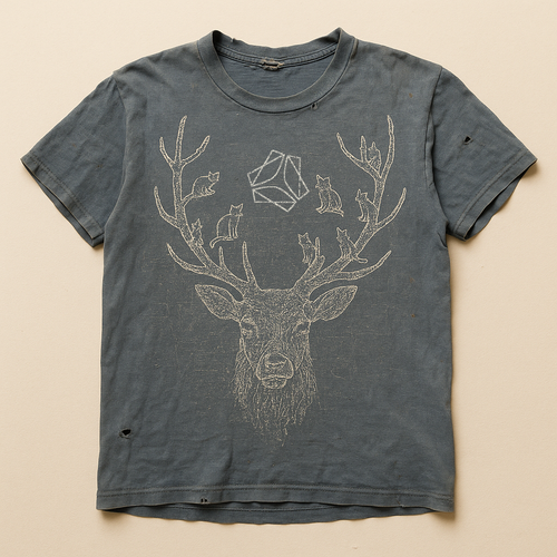 Slate blue-grey t-shirt with a line-drawn elk head, cats in its antlers and a small pinwheel emblem — flat lay