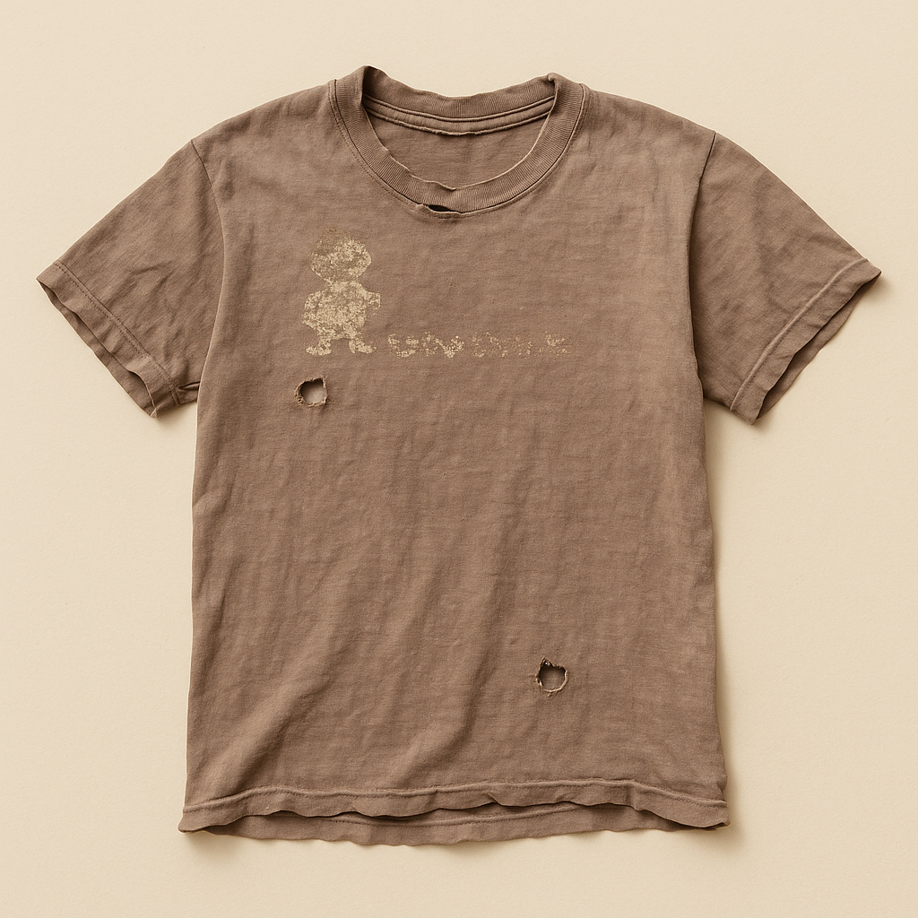Dusty taupe t-shirt with a faded cartoon mascot and worn lettering on the chest — flat lay