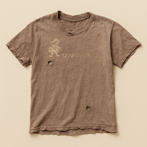 Dusty taupe t-shirt with a faded cartoon mascot and worn lettering on the chest — flat lay
