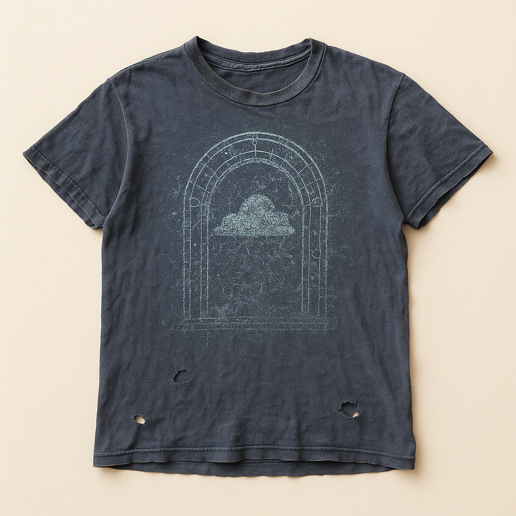 Navy t-shirt with a fine cyan line-art arch and a cloud at its centre — flat lay