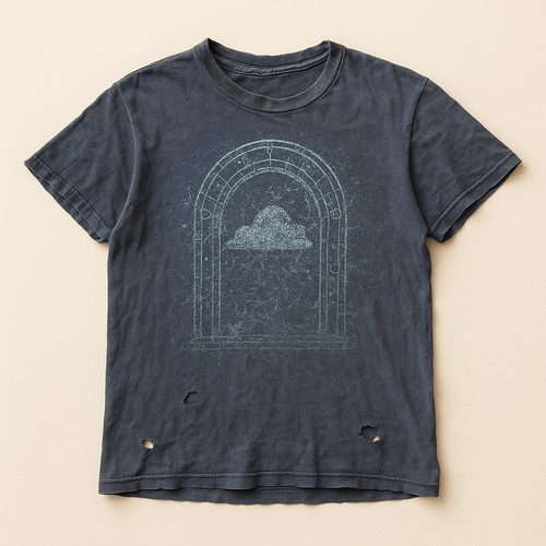 Navy t-shirt with a fine cyan line-art arch and a cloud at its centre — flat lay