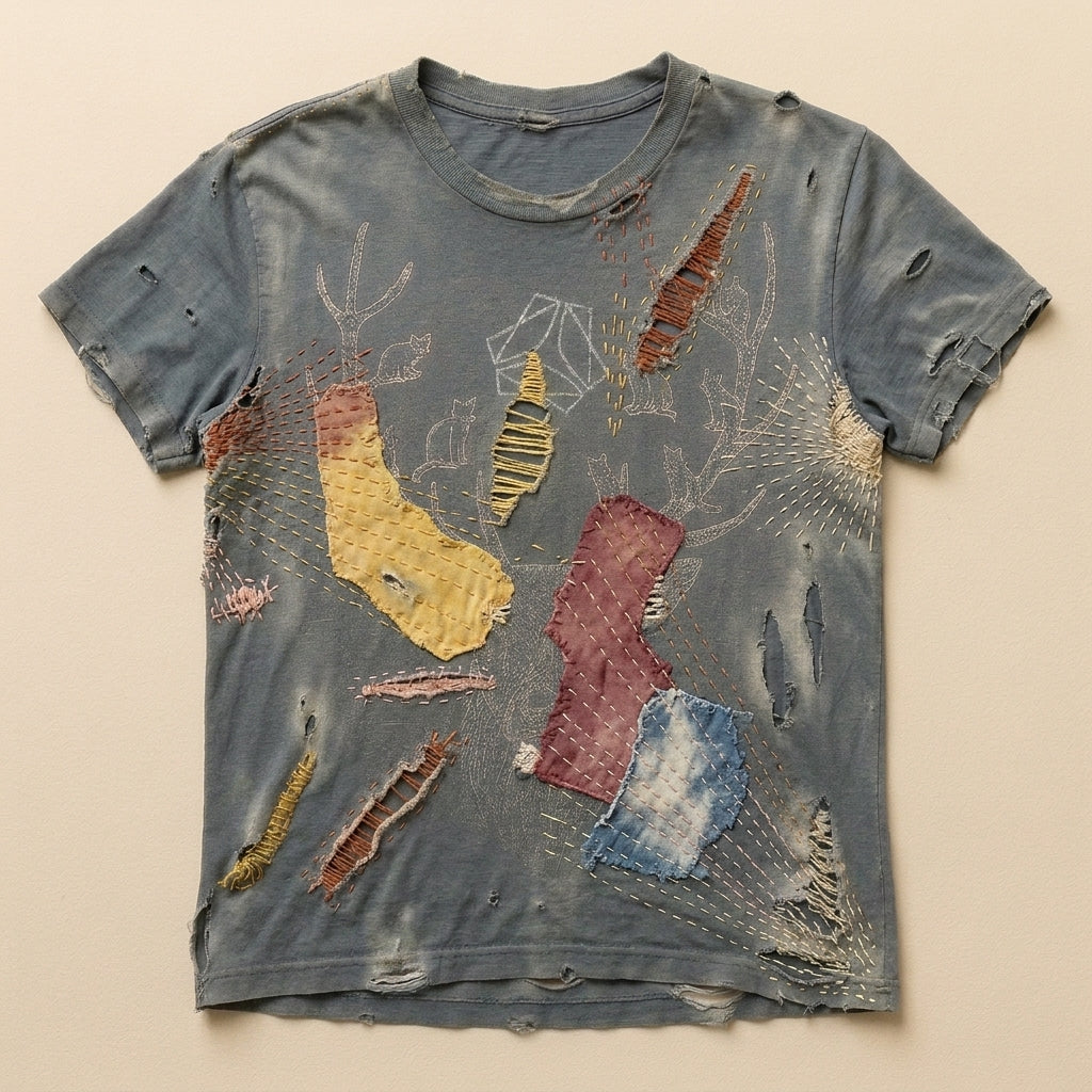 Slate t-shirt repaired by hand with mismatched patches and visible sashiko stitching — flat lay