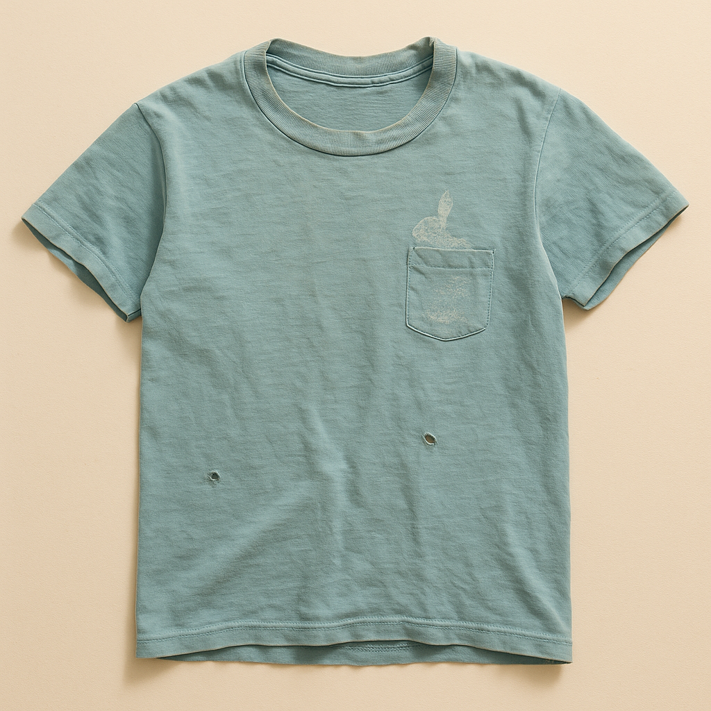 Faded turquoise t-shirt with a tiny rabbit printed at the left chest — flat lay