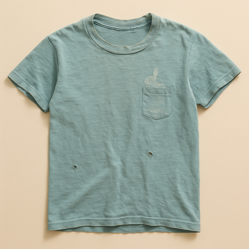 Faded turquoise t-shirt with a tiny rabbit printed at the left chest — flat lay