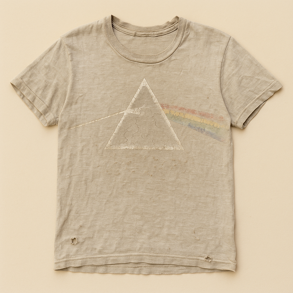 Pale heather grey t-shirt with a cracked triangle prism print refracting a beam of light — flat lay