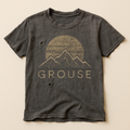 Dark charcoal t-shirt printed with mountains under a striped sun and the word GROUSE — flat lay