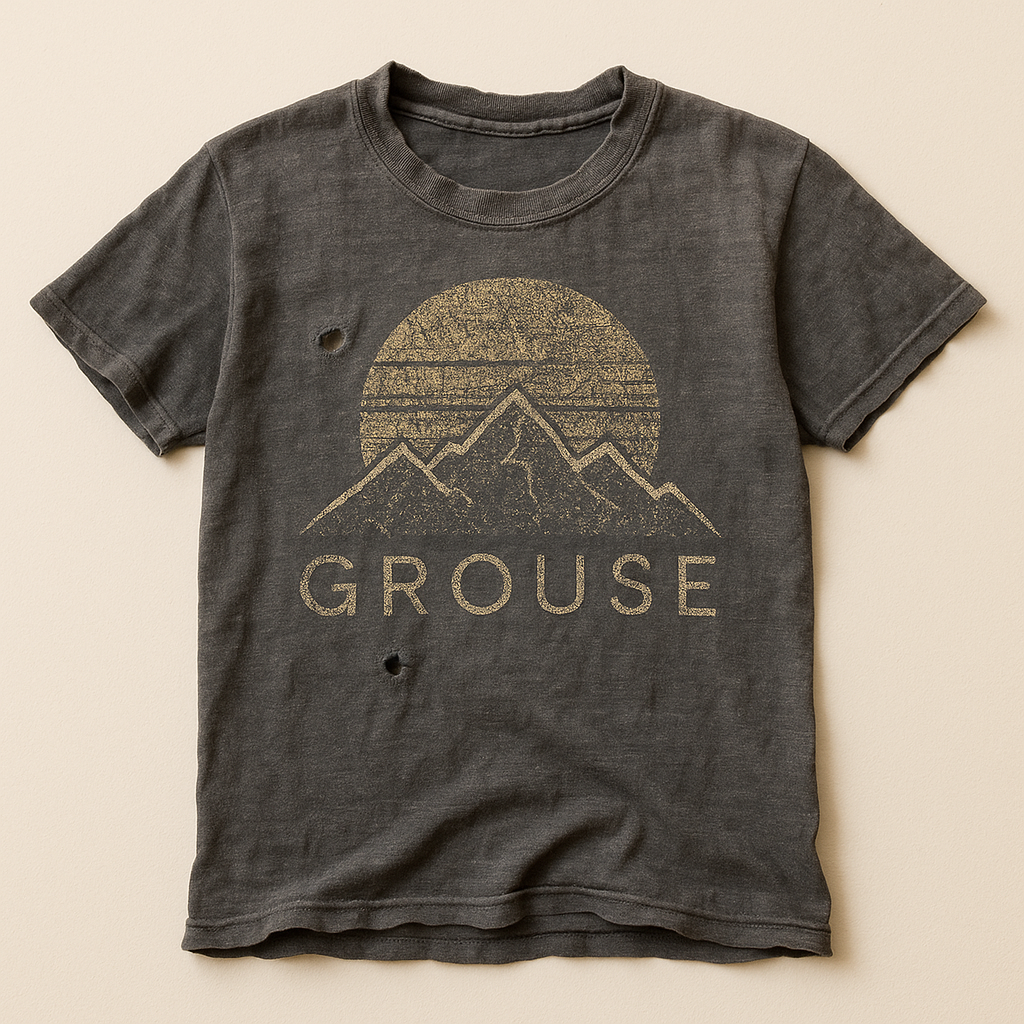 Dark charcoal t-shirt printed with mountains under a striped sun and the word GROUSE — flat lay