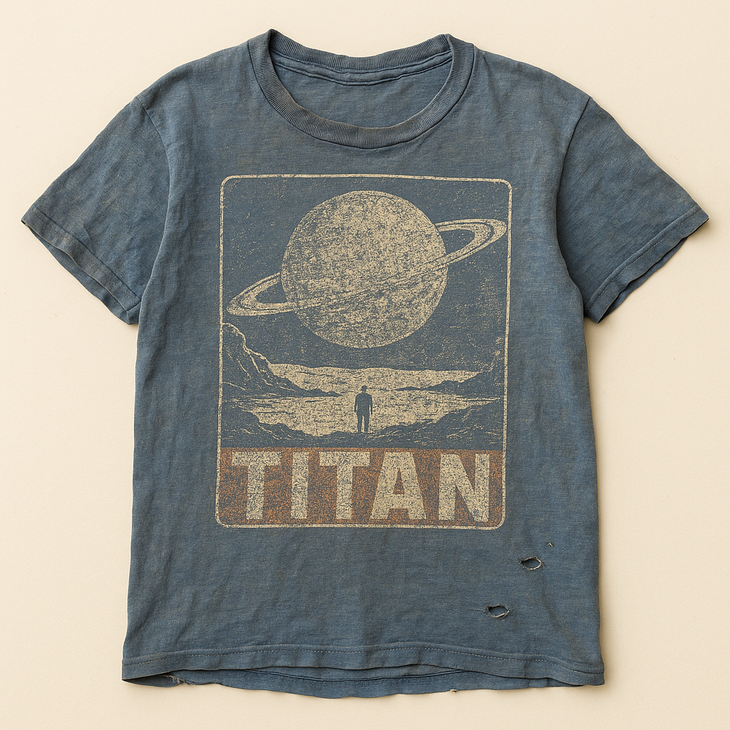 Washed blue t-shirt printed with a retro travel poster of a ringed planet and the word TITAN — flat lay