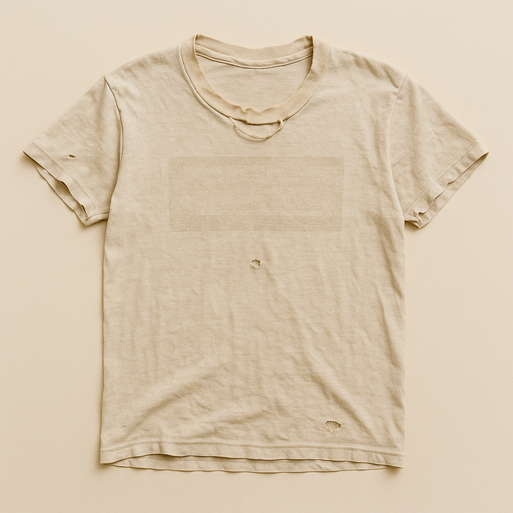 Pale oatmeal t-shirt with no print left, only a faint rectangular ghost on the chest — flat lay