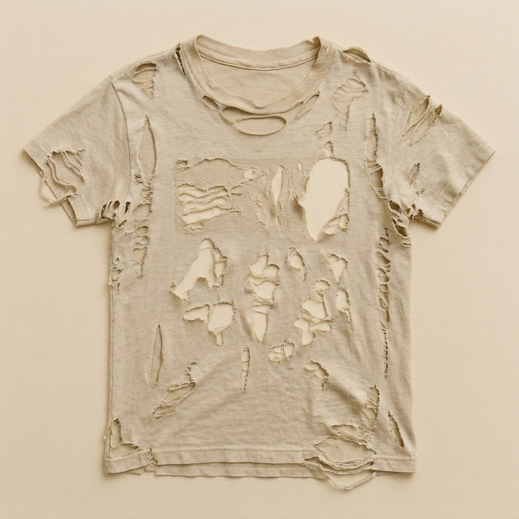 Pale oatmeal t-shirt worn into a lace of holes, held together only by its seams — flat lay