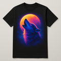 1 airbrushed synthwave wolf howling at the moon, printed on a black t-shirt — flat lay