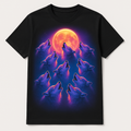 10 airbrushed synthwave wolves howling at the moon, printed on a black t-shirt — flat lay