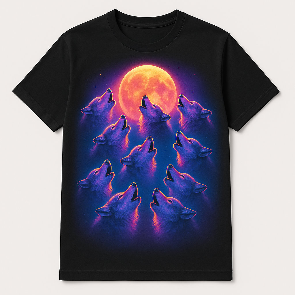 10 airbrushed synthwave wolves howling at the moon, printed on a black t-shirt — flat lay