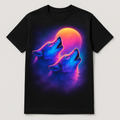 2 airbrushed synthwave wolves howling at the moon, printed on a black t-shirt — flat lay
