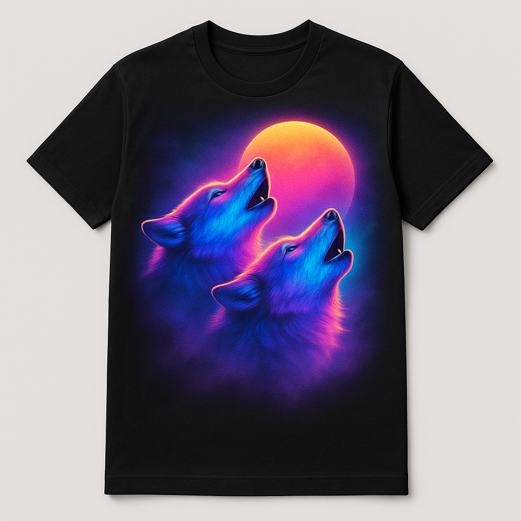 2 airbrushed synthwave wolves howling at the moon, printed on a black t-shirt — flat lay