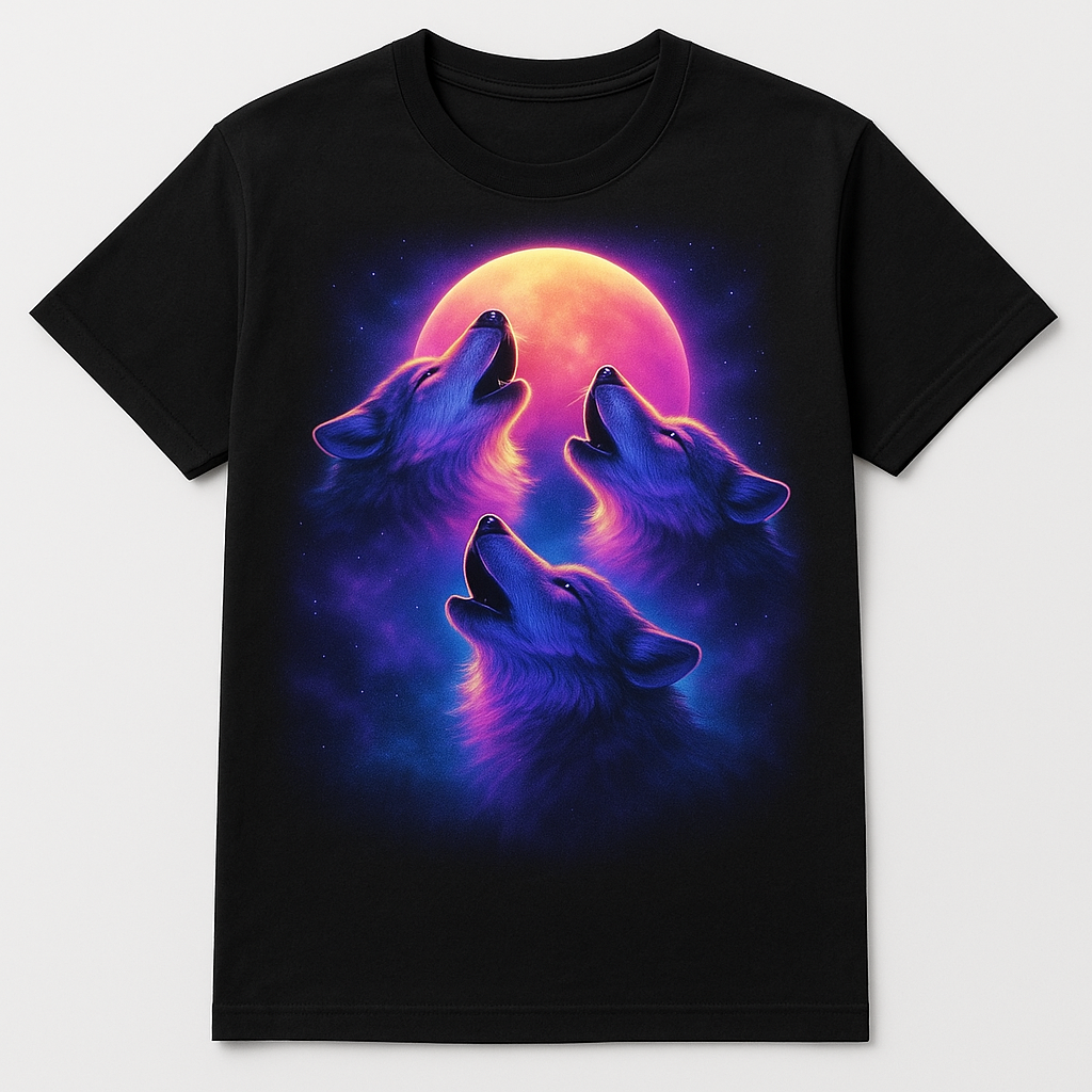 3 airbrushed synthwave wolves howling at the moon, printed on a black t-shirt — flat lay