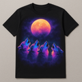 4 airbrushed synthwave wolves howling at the moon, printed on a black t-shirt — flat lay