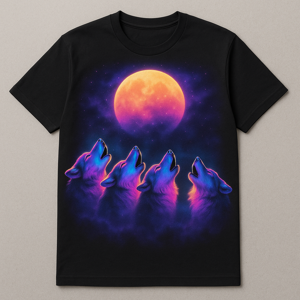 4 airbrushed synthwave wolves howling at the moon, printed on a black t-shirt — flat lay