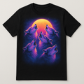 5 airbrushed synthwave wolves howling at the moon, printed on a black t-shirt — flat lay
