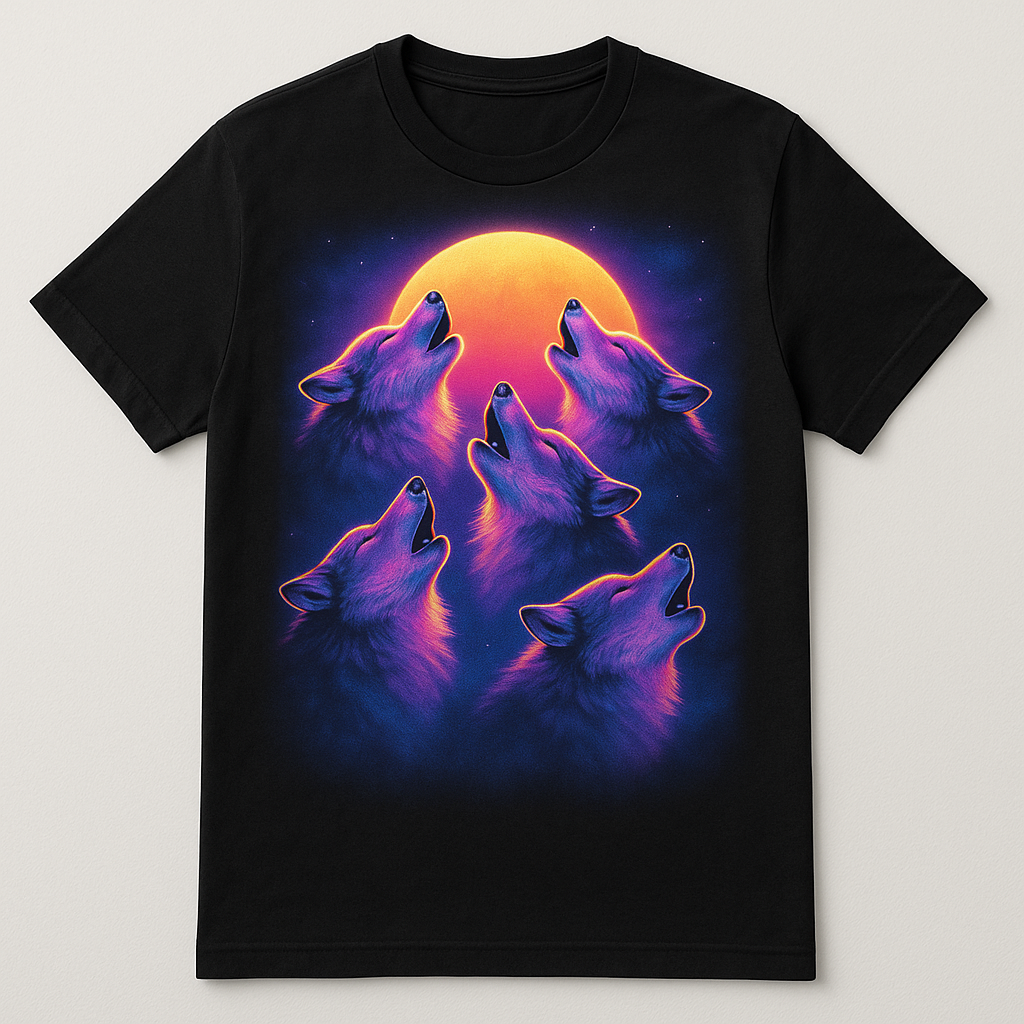 5 airbrushed synthwave wolves howling at the moon, printed on a black t-shirt — flat lay