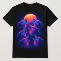 6 airbrushed synthwave wolves howling at the moon, printed on a black t-shirt — flat lay