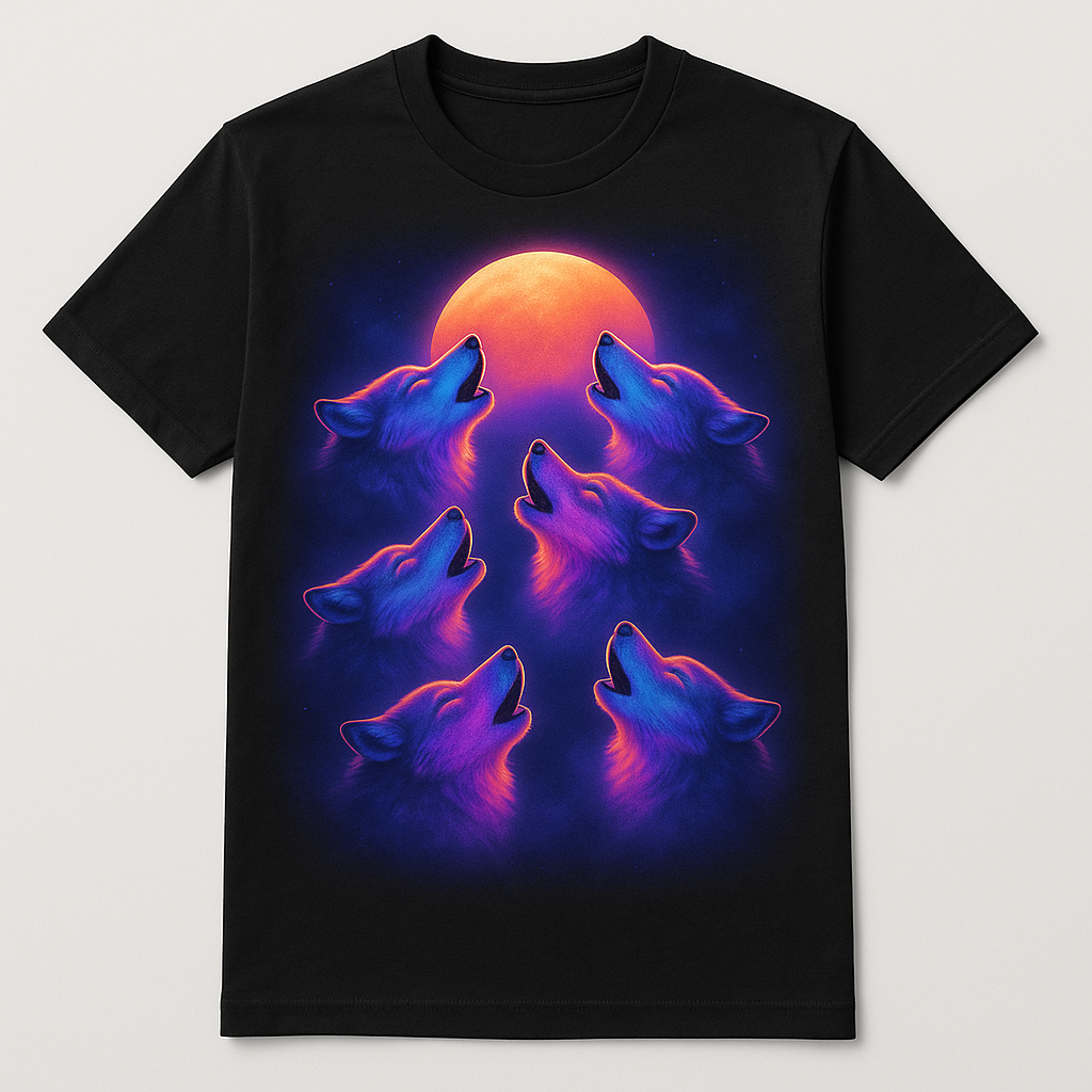 6 airbrushed synthwave wolves howling at the moon, printed on a black t-shirt — flat lay