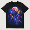 7 airbrushed synthwave wolves howling at the moon, printed on a black t-shirt — flat lay