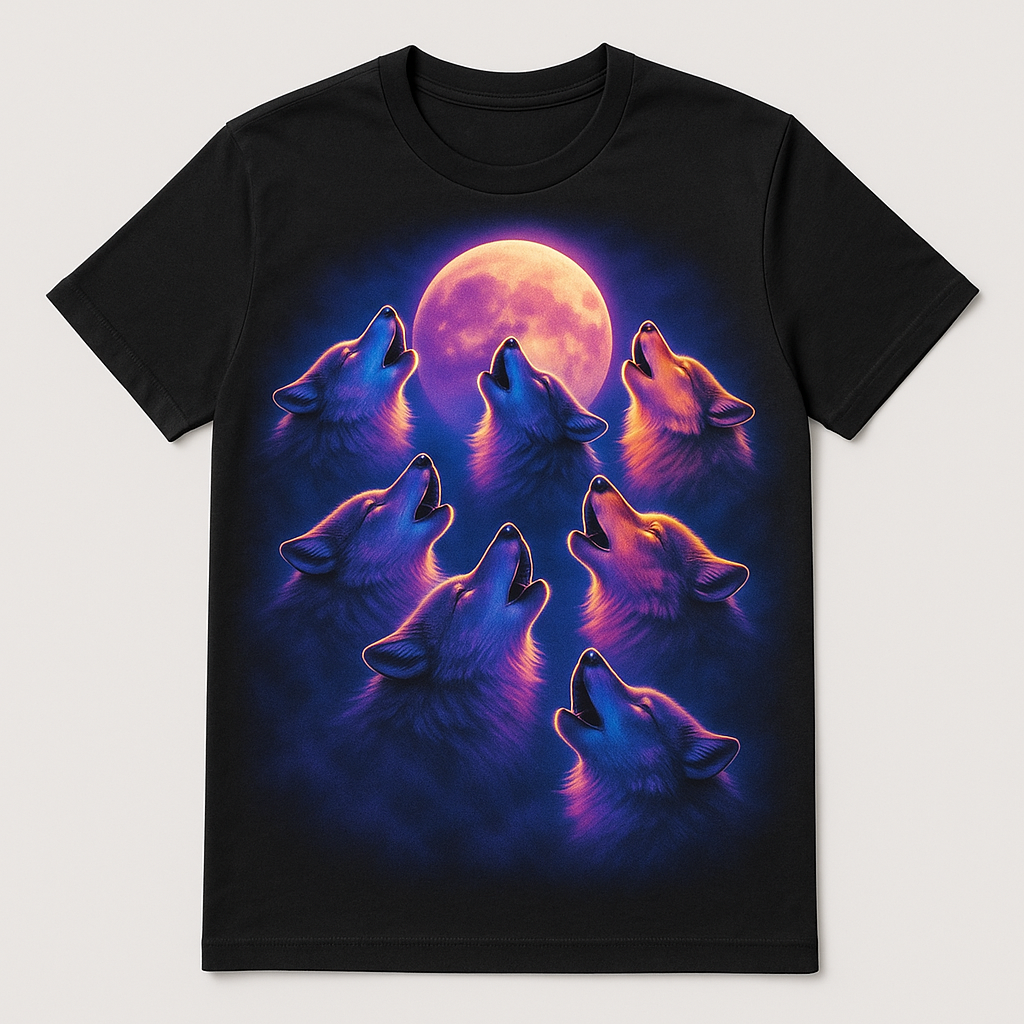 7 airbrushed synthwave wolves howling at the moon, printed on a black t-shirt — flat lay
