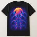 8 airbrushed synthwave wolves howling at the moon, printed on a black t-shirt — flat lay