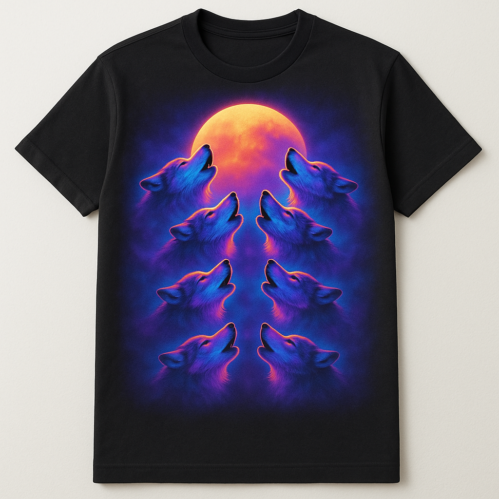 8 airbrushed synthwave wolves howling at the moon, printed on a black t-shirt — flat lay