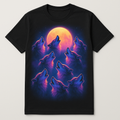 9 airbrushed synthwave wolves howling at the moon, printed on a black t-shirt — flat lay