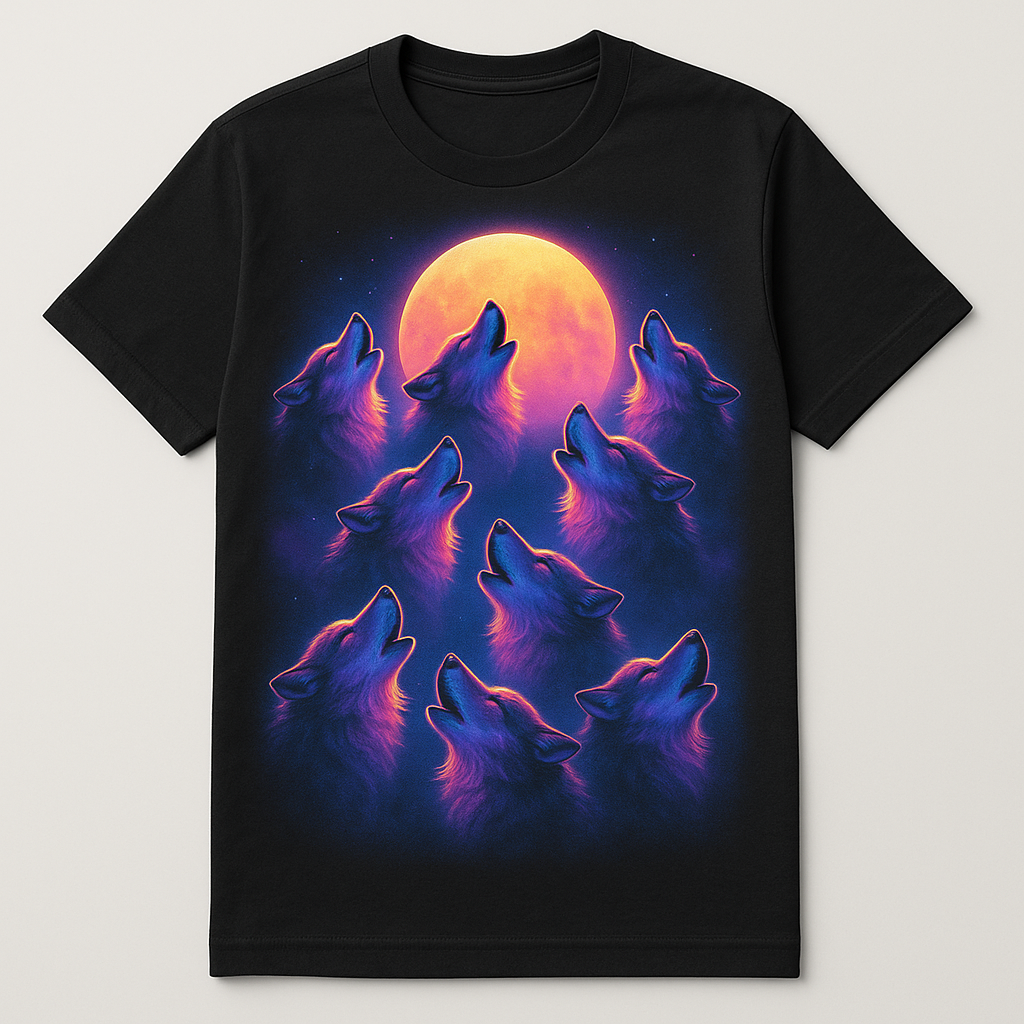 9 airbrushed synthwave wolves howling at the moon, printed on a black t-shirt — flat lay